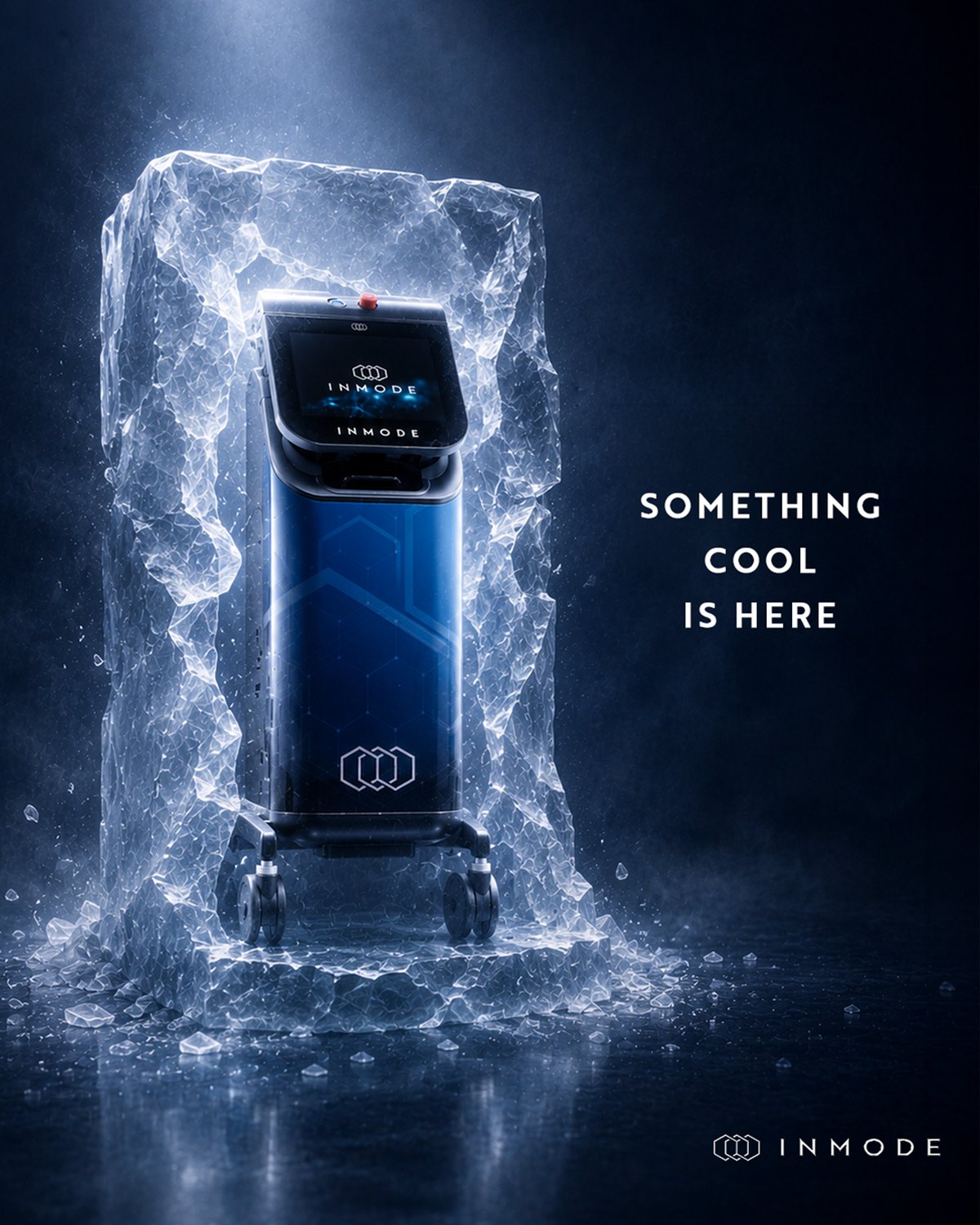 InMode Morpheus8 MAX launch graphic: the Morpheus8 MAX workstation breaking out of a block of ice