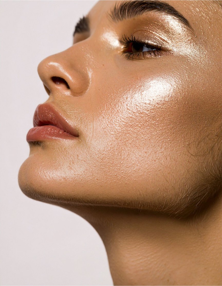 Close-up profile of radiant, luminous skin